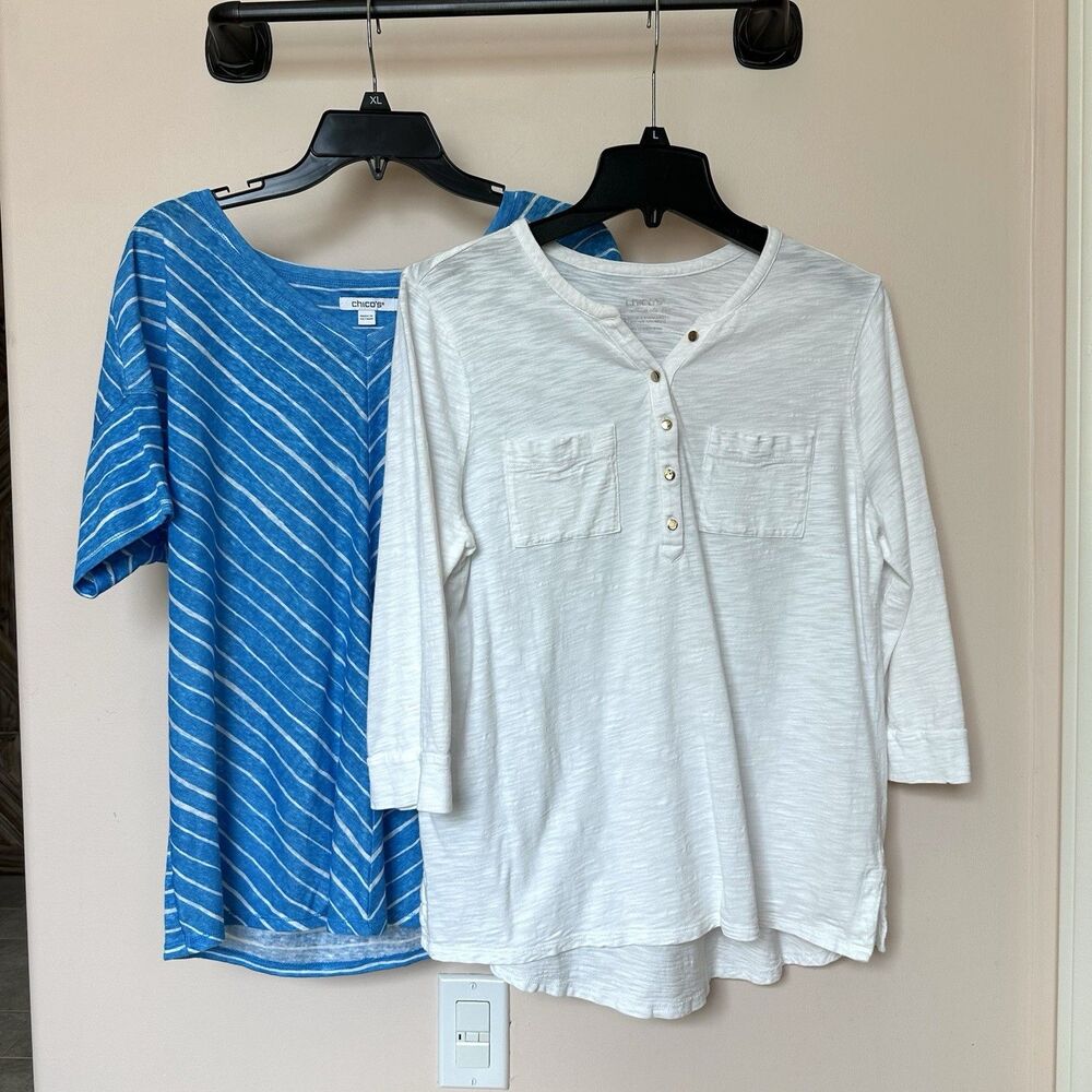 Chicos Tops Bundle 2 Med Nautical Beachy Gauzy Vacation Breezy Linen Cotton
